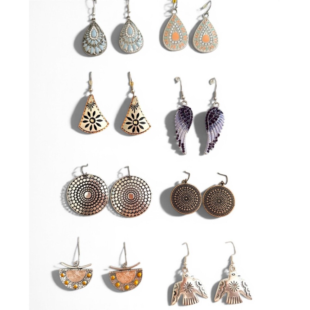 Lot of 8 Pairs Boho Dangle Earrings Filigree Angel Wings Bird Teardrop